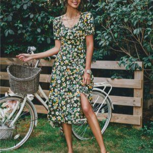 All Over Floral Print Split Hem Flounce Sleeve Dress